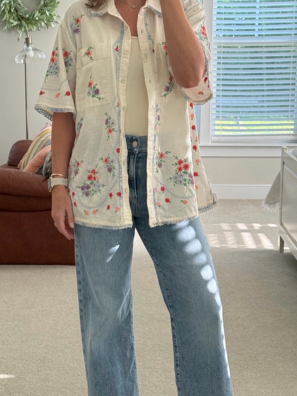 We The Free Cream Embroidered Floral Shirt top free people M